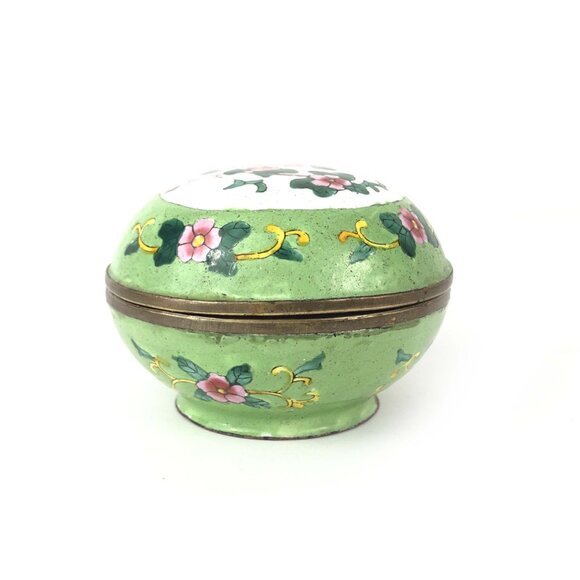 Chinese Canton Enamel Petite Vtg Hand Painted Copper Lidded Box Flower Design - Picture 3 of 6